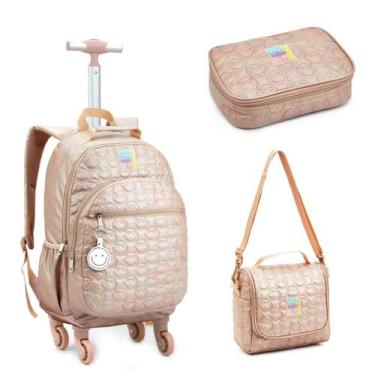 Imagem de Kit Mochila Rodinha 360º Juvenil Feminina Metalizada Chaveiro Denlex, 
