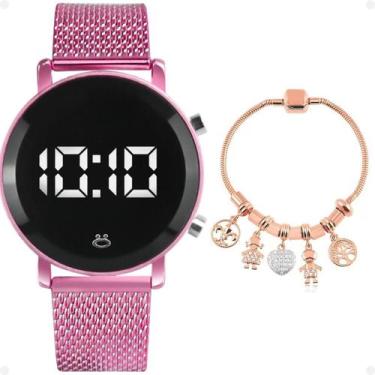 Imagem de Relógio Feminino Digital Rosa Led + Pulseira Qualidade - Orizom