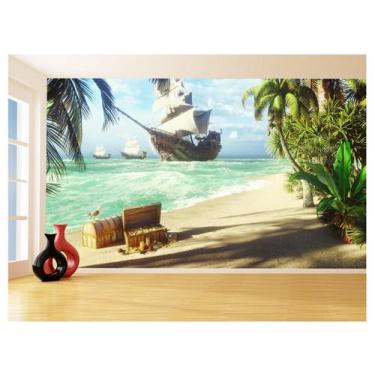 Imagem de Papel De Parede 3D Coqueiros Praia Navio Pirata 3,5M Npr303 - Você Dec