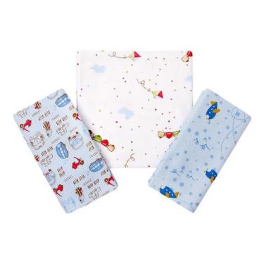 Imagem de Cueiro Flanelado Manta Menino 80x60cm Azul Com 3 Unidades 100% Algodão