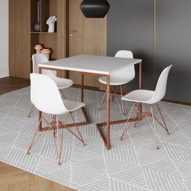 Imagem de Mesa Jantar Industrial Quadrada 90cm Branca Base Cobre V com 4 Cadeira