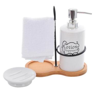 Imagem de Conjunto Banheiro Porcelana Branco Bambu Escova De Dente 4 Peças - Win