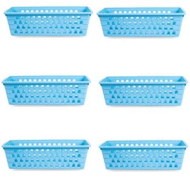 Imagem de Kit 6 Cestos Multiuso Comprido Retangular Azul 28x11x8 Cm 123Organizei
