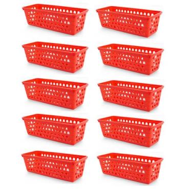 Imagem de Kit 10 Cestos Multiuso Comprido Retangular Vermelho 28x11x8 Cm 123Orga