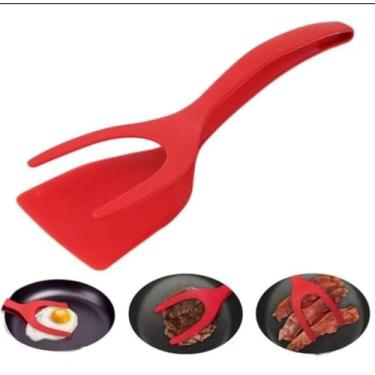Imagem de Generic Espátula de ovo multifuncional 2 em 1 para panqueca, espátula de ovo frito, espátula dupla, grampo de pão, pinça de churrasco, normal, vermelha