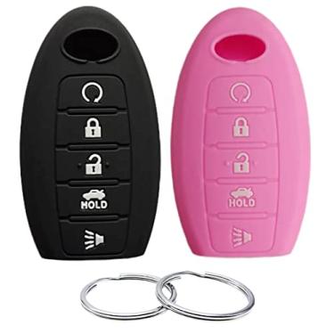 Imagem de REPROTECTING Capa de chaveiro de borracha de silicone compatível com Infiniti JX35 Q50 Q60 QX56 QX60 QX60 QX80 S180144014 7812D-S180014 KR5S180144014 (preto + rosa)