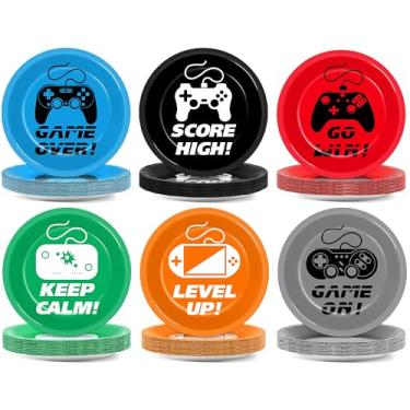 Imagem de Naozinebi 72 peças de pratos de aniversário de videogame, suprimentos de festa de 18 cm, para amantes de jogos, utensílios de mesa, pratos de sobremesa descartáveis para meninos e meninas, crianças,