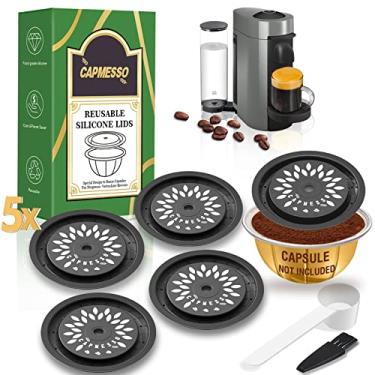 Imagem de CAPMESSO Tampas reutilizáveis para cápsulas de café Nespresso Vertuo reutilizáveis, tampas de silicone de grau alimentício para qualquer tamanho de cápsulas Vertuo recarregáveis com colher e escova (5 cápsulas de silicone)