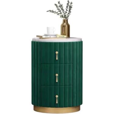Imagem de Mesa de cabeceira com tampo de mármore moderna mesa de cabeceira redonda estofada de veludo armário nórdico com 3 gavetas armário de cabeceira para quarto, verde, 40 x 40 x 58 cm