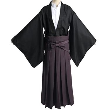 Imagem de Men's Japanese Samurai Hakama Uniform Kendo Kimono Suit Aikido Judo Tradtional Martial Arts Costume (L, 17-Black)