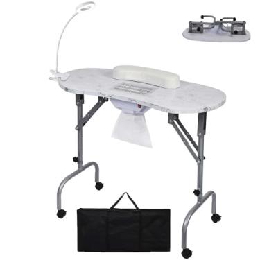 Imagem de Mesa de manicure atualizada com coletor de poeira embutido, luminária de mesa de LED portátil, bolsa de transporte para casa, spa, salão de beleza, estação de trabalho, altura ajustável, branca