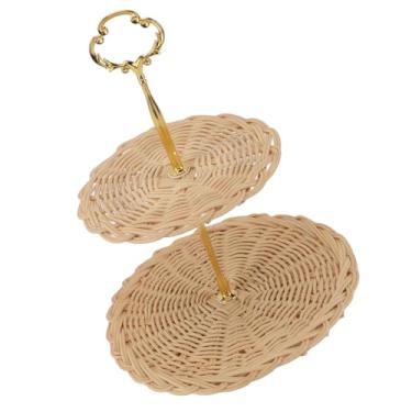 Imagem de Bandejas de Servir de Vime de 2 Camadas, Cesta de Lanche de Frutas de Pão Tecido Redondo para Festa de Casamento Diária Com e Requintado e Tamanho Perfeito