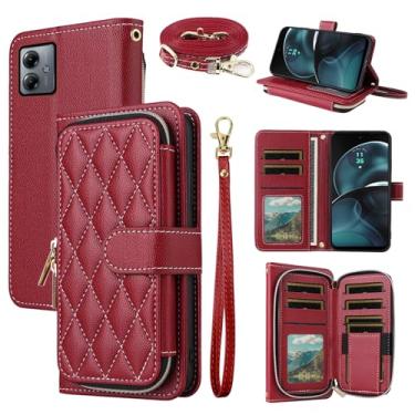 Imagem de Dswteny Argyle Capa carteira para Motorola Moto G14 com alça de pulso, alça de ombro, bolsa de couro PU flip suporte para cartão de crédito acessórios capa de celular para MotoG14 G 14 mulheres