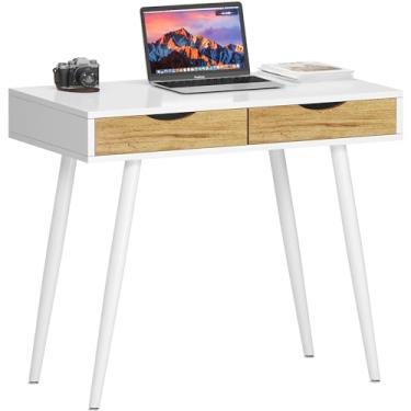 Imagem de soges Mesa de computador de meados do século com gavetas, mesa de computador para escritório doméstico de 79 cm para espaços pequenos, mesa de estudo multifuncional com 2 gavetas, marrom rústico
