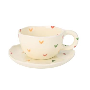 Imagem de Koythin Caneca de café de cerâmica com pires, canecas de flores feitas à mão, copo bonito para meninas e mulheres, xícara de chá de leite estética com alça, 250 ml para latte, cacau, escritório, casa