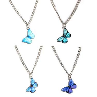Imagem de 4/5 peças retrô colorido borboleta fina corrente pingente conjunto de colar para mulheres adolescentes banhado a prata 14 k ajustável animal inseto gargantilha colar bonito presente de amizade, Metal, Liga metálica.
