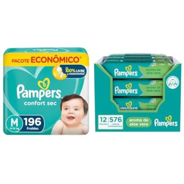 Imagem de Kit Pampers Fralda Confort Sec M 196 Unidades + Lenços Umedecidos Aloe Vera 576 Unidades