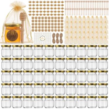 Imagem de TOEKSIX Pacote com 48 mini frascos de mel redondos de 42,5 g com tampas douradas, adesivos e etiquetas, pequenos frascos de vidro redondos para lembrancinhas de chá de bebê/lembrancinhas de