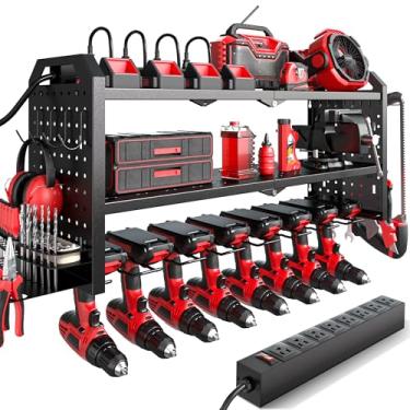 Imagem de Organizador de ferramentas elétricas com suporte de parede para estação de carregamento, faixa de alimentação embutida com 8 saídas de proteção contra surtos, suporte de broca de parede, suporte de