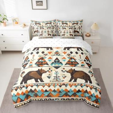 Imagem de Feelyou Conjunto de edredom de urso com lençol casal com design de nativo americano do sudoeste, listrado, boêmio, 7 peças, decoração de quarto, arte moderna