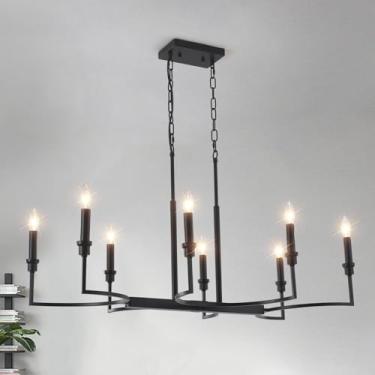 Imagem de GRUSTRUST Lustre Preto De 8 Luzes, Luminárias Para Sala De Jantar, Sobre A Mesa, Vela De Metal, Lustre Retangular, Luminária De Fazenda, Iluminação Retrô Preta Para Ilha De Cozinha, Sala De Estar, Q