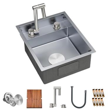 Imagem de TORVA Pia de cozinha para trailer, 38 x 45 x 17 cm, pia de barra de aço inoxidável calibre 16 com placa de corte de torneira dobrável, cinza