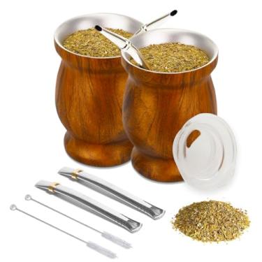 Imagem de YTCYKJ Conjunto de cabaça e bombilla de erva-mate, 2 peças de aço inoxidável de parede dupla textura de madeira conjunto de xícara de chá de erva mate com canudos de erva mate bombillas e escova de