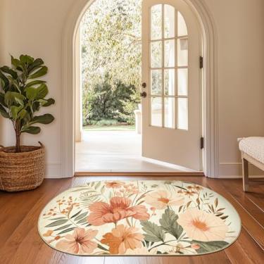 Imagem de jinchan Tapete floral oval 3x5 entrada lavável, moderno, estampa de flores orientais, tapete antiderrapante para quarto, sala de estar, sala de jantar, casa, ofício, rosa/cinza
