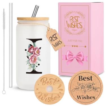 Imagem de HWJH Copo de vidro inicial personalizado para mulheres - copo de vidro à prova de vazamento de 473 ml com tampa e canudos, conjunto de presente com monograma, copo reutilizável fosco fosco para café,