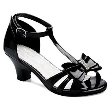 Imagem de Sandália feminina Olivia K de couro com glitter, bico aberto, tiras no tornozelo, tira em T, salto gatinho (bebê/menina), Black Patent, 4 Big Kid