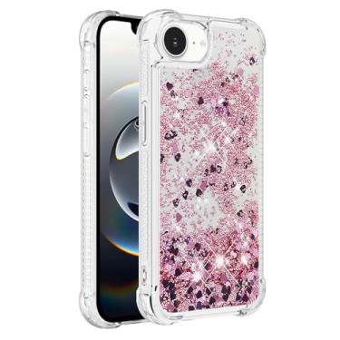 Imagem de Capa de telefone à prova de choque para iPhone 16e com glitter líquido de areia movediça e corações flutuantes, capa de TPU de camada dupla reforçada com 4 cantos, protetor de telefone seguro
