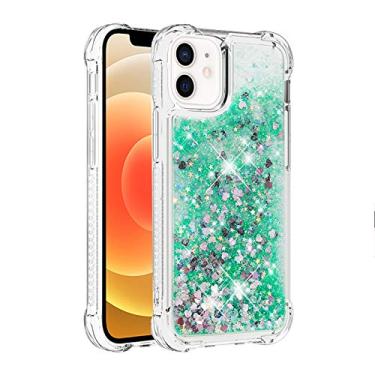 Imagem de Capa de telefone à prova de choque para iPhone 12 Mini com glitter líquido de areia movediça e corações flutuantes, capa de TPU de camada dupla reforçada com 4 cantos, protetor de telefone seguro