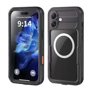 Imagem de ShellBoxCase para iPhone 16 Plus Capa magnética transparente à prova d'água com protetor de lente de câmera de tela, capa protetora de telefone de corpo inteiro de grau militar, bordas pretas/cinza