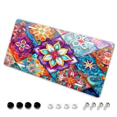 Imagem de Capa de matrícula criativa vintage étnica mandala xadrez floral floral floral - etiqueta de carro artística de alumínio, à prova de ferrugem, design exclusivo novidade - 15 x 30 cm