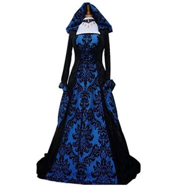 Imagem de STIOEDYUAN Vestido feminino vitoriano gótico com capuz bruxa vampiro feiticeira vintage renascentista vestido de baile (azul, GG)