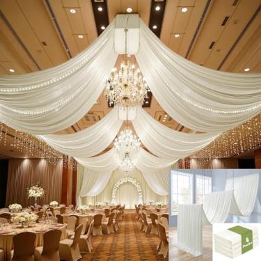 Imagem de Htper 4 painéis, cortinas de teto marfim de 1,5 x 6 m para festas de casamento, poliéster grosso sem vincos, 6 m, cortinas de teto de marfim extralongas para decoração de barraca de festa de