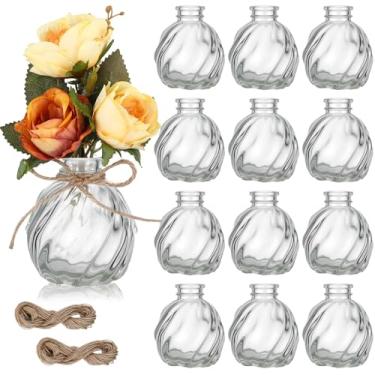 Imagem de Baderke 12 vasos de botão para flores, pequenos vasos de vidro a granel com 24 cordas de juta, mini garrafas de vidro transparente para centros de mesa de casamento, decoração de mesa de festa
