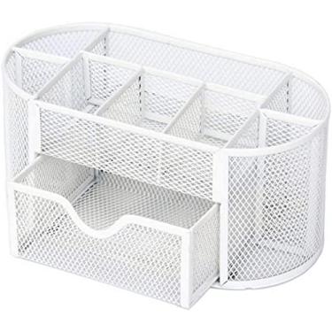 Imagem de Porta-lápis de mesa, suporte de lápis de mesa com 9 grades, caixa de armazenamento multifuncional, suporte de caneta de malha de metal, moderno, durável, compacto, porta-pincéis de papelaria (branco)