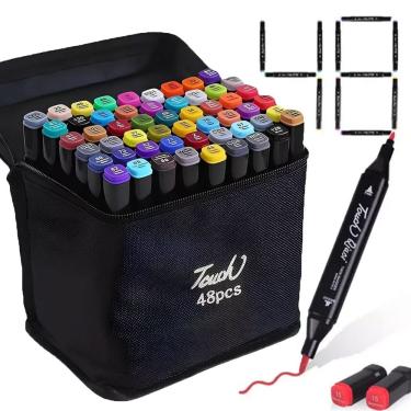 Imagem de Caneta Canetinha Marcador Permanente 48 Cores Estojo Com Alça Bolsa Ponta Dupla Escola Trabalho Arte Desenho
