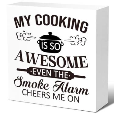 Imagem de Sátira retrô e ironia para placas engraçadas de bloco de madeira de cozinha, placa de caixa de madeira My Cooking Is So Awesome para prateleira de casa, decoração de mesa de cozinha, decoração de