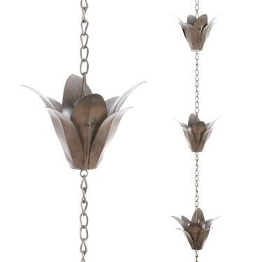 Imagem de DUSVALLY Corrente de chuva, corrente de chuva de flor de metal de 19 m, substituição funcional e decorativa para calhas de calha, ajustável, prata antiga