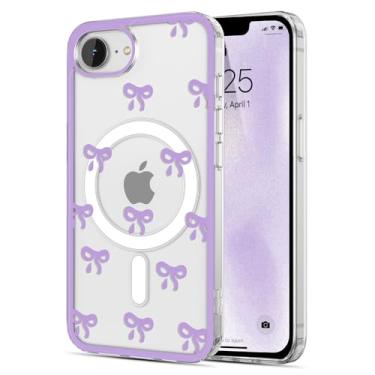 Imagem de EYZUTAK Capa magnética para iPhone 16e, compatível com MagSafe, capa protetora de policarbonato transparente com laço e laço estético, elegante, fina, antiamarelamento, durável, para mulheres e