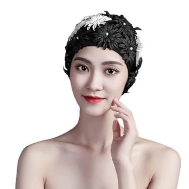 Imagem de Touca de natação feminina floral pétala retrô flor pérola toucas de banho meninas cabelo longo curto elástico praia natação turbante chapéu (preto-branco)