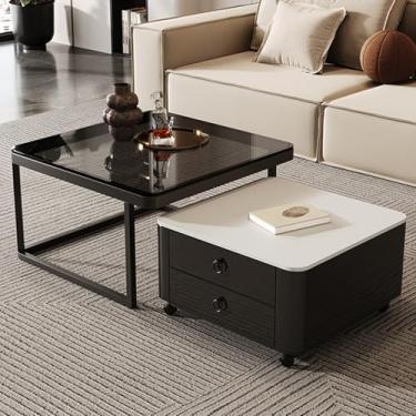 Imagem de AKALNNB Mesa de centro de encaixe, com rodas universais silenciosas de 360°, design de gaveta de camada dupla, pode ser estendida e retraída à vontade mesas laterais quadradas