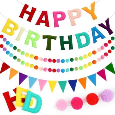 Imagem de Faixa de feliz aniversário pré-amarrada, decorações de aniversário arco-íris guirlanda de feltro, placa de feliz aniversário personalizada, pano de fundo reutilizável para decoração de festa de