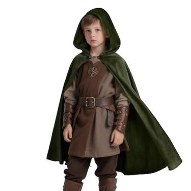 Imagem de JEGERMIG Capa infantil medieval com capuz renascentista cosplay fantasia de bruxo, Verde, 3'11"-4'7"