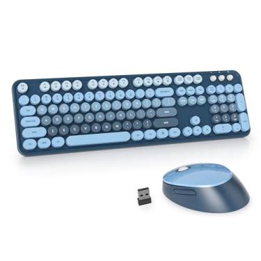 Imagem de Owpkeenthy Teclado e mouse retrô sem fio, lindo teclado colorido com estilo máquina de escrever retrô, tamanho completo com teclado numérico, teclas redondas para desktop, laptop e computador (azul