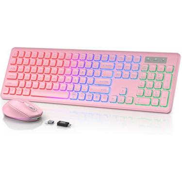 Imagem de SABLUTE Teclado e mouse sem fio retroiluminados, teclas silenciosas, pernas inclinadas, modo de suspensão – Combo sem fio USB recarregável para computador, iMac, PC, laptop (rosa rosa)