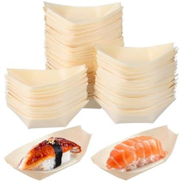 Imagem de HEMOTON Pratos de madeira descartáveis para de madeira de bambu, pratos, sushi, bandeja de servir sushi, bandeja de servir de bambu, folha, barco, recipiente de alimentos, tigela de madeira para buffet e uso doméstico, 100 peças