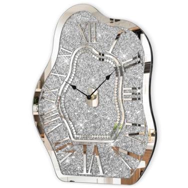 Imagem de FEUFOAM Relógio de parede moderno para decoração de sala de estar prata cristal crush diamante espelhado irregular relógio decorativo de parede exclusivo para quarto, cozinha, sala de jantar